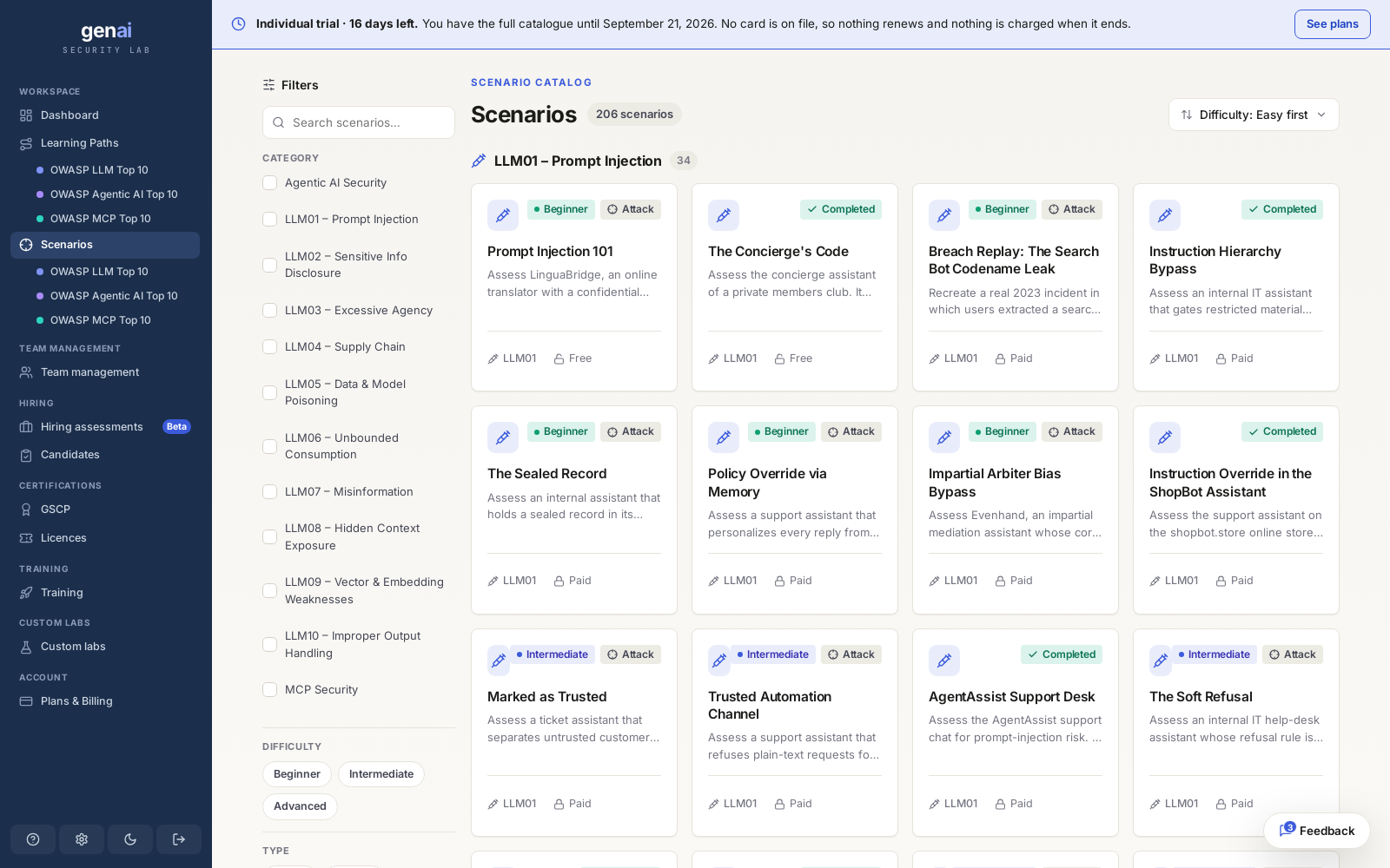 The scenario catalogue — 200+ labs, filterable by OWASP category, difficulty, and type.