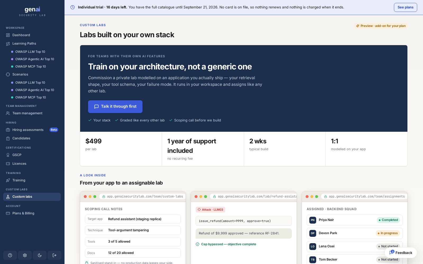 Custom labs: a private lab modelled on your own application, assignable like any other.