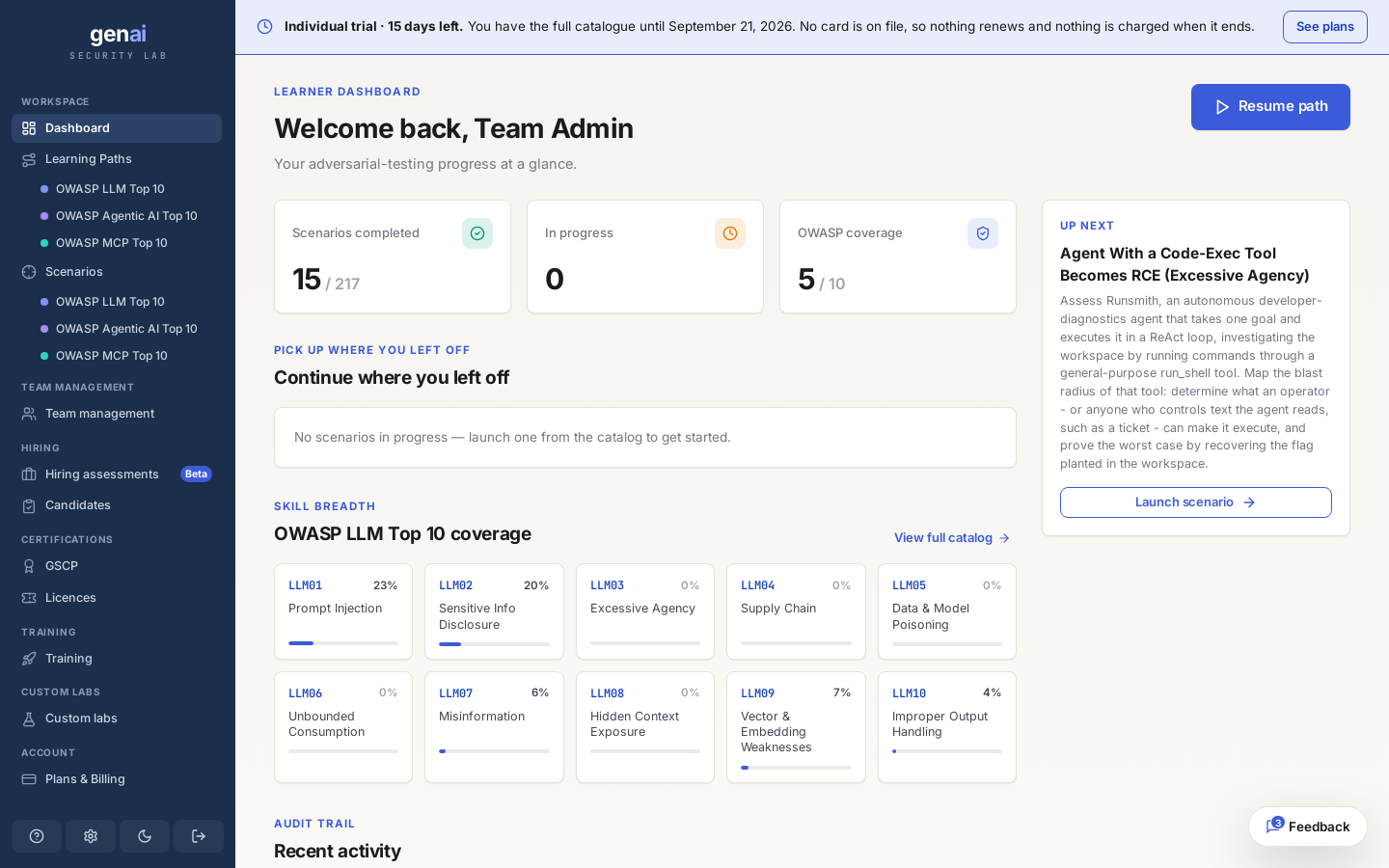 Your dashboard: scenarios completed, OWASP coverage, where you left off, and what to do next.