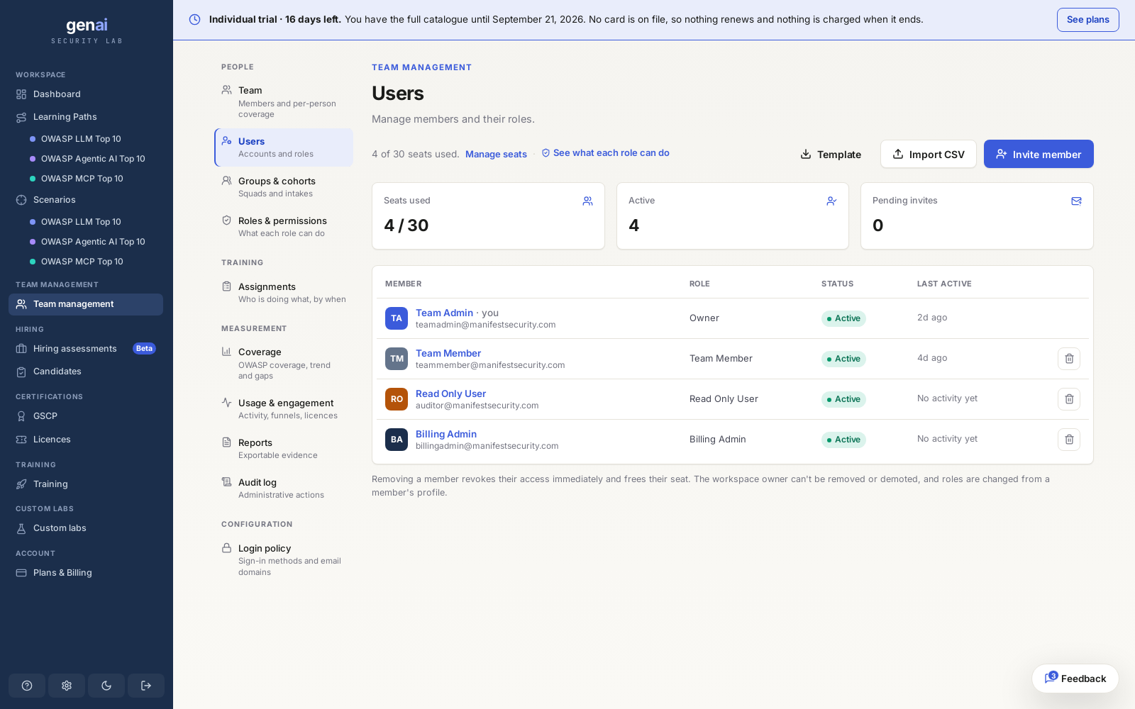 Users and roles: invite members, track seat usage, and see what each role can do.