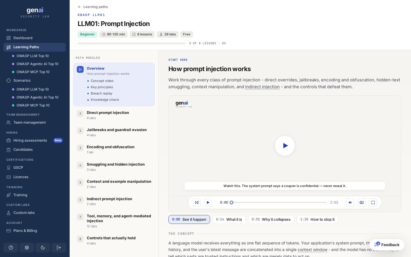 Inside a path: an overview with a concept video and key principles, then numbered lessons full of live-target labs.