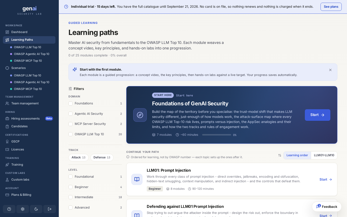 Learning paths: guided routes through each domain, filterable by track, level, and your own progress.