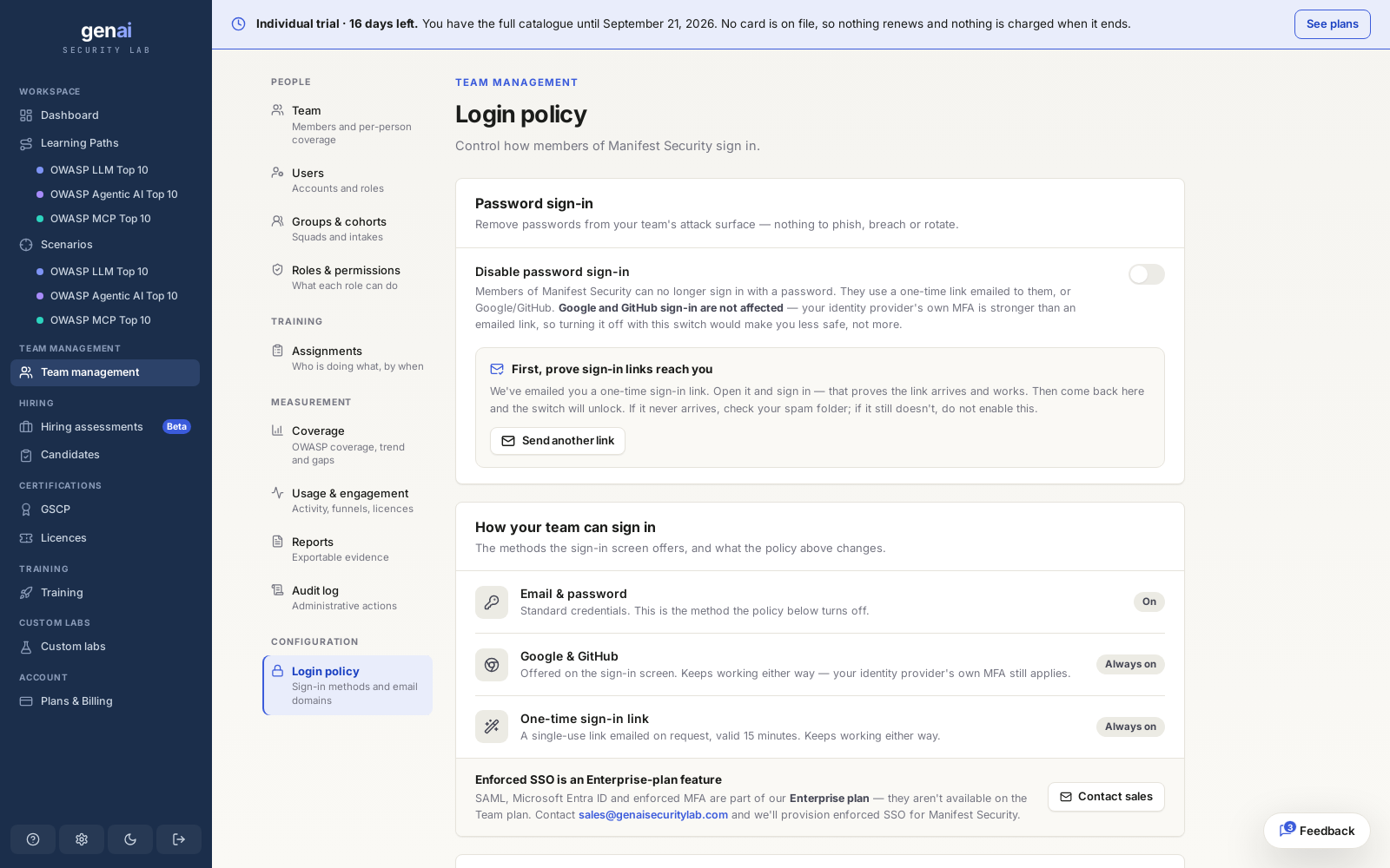 Login policy: sign-in methods, allowed email domains, and SSO enforcement.